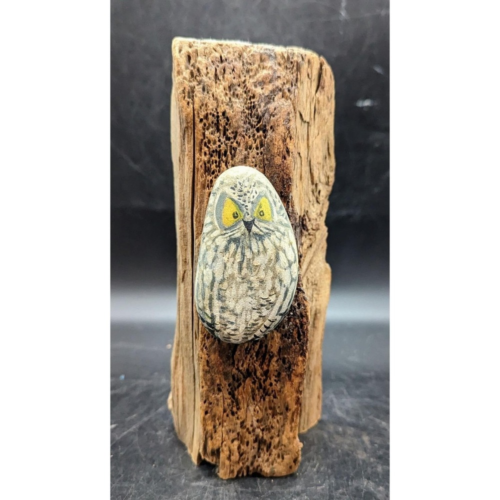 Vintage Hand Painted Folk Art Stone Owl‎ On Wood Figurine 8.75"